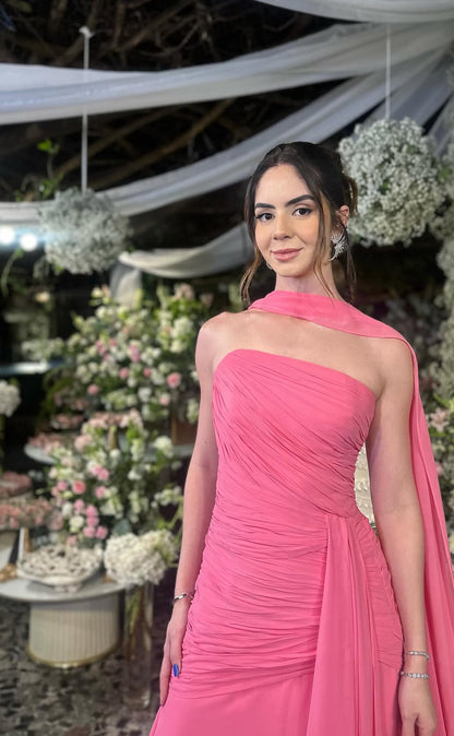 Strapless Pink Chiffon Long Prom Dress Elegant Graduation Dress Wedding Guest Dress J8055