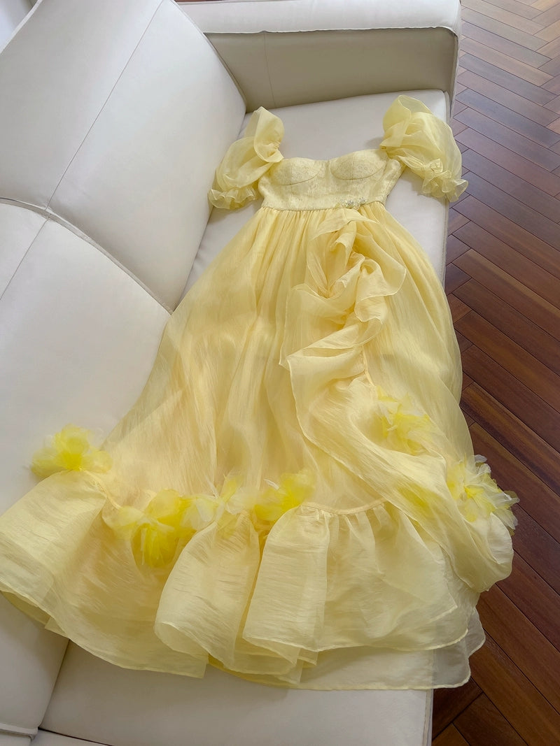 A-Linie Gelb Langes Ballkleid Rüschen Kurze Ärmel Abendkleid J8607