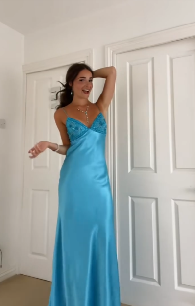 Robe de bal sirène longue bleue à bretelles spaghetti en satin J7843