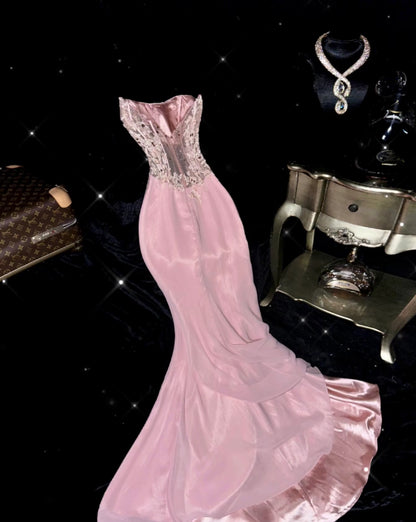 Robe de soirée sirène rose à appliques J7729