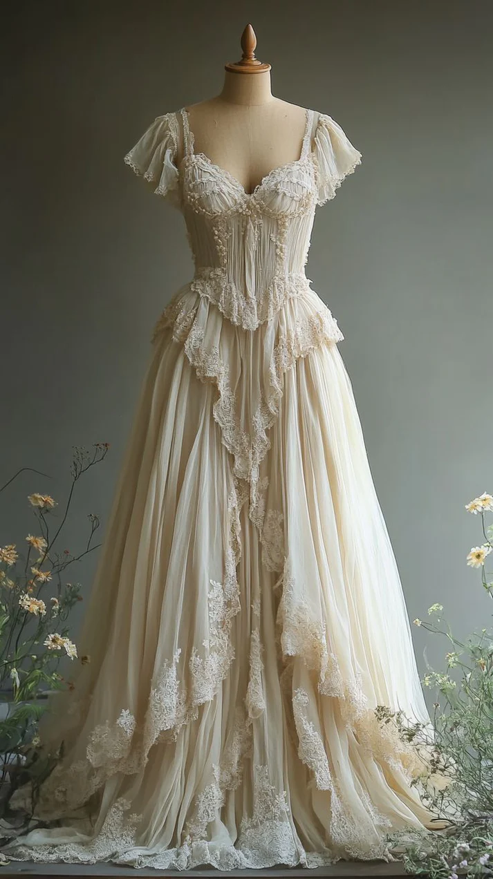 Robe de bal longue en dentelle avec appliques et coupe trapèze J8193