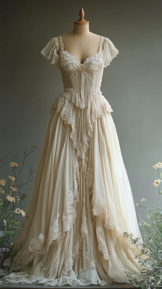 Robe de bal longue en dentelle avec appliques et coupe trapèze J8193