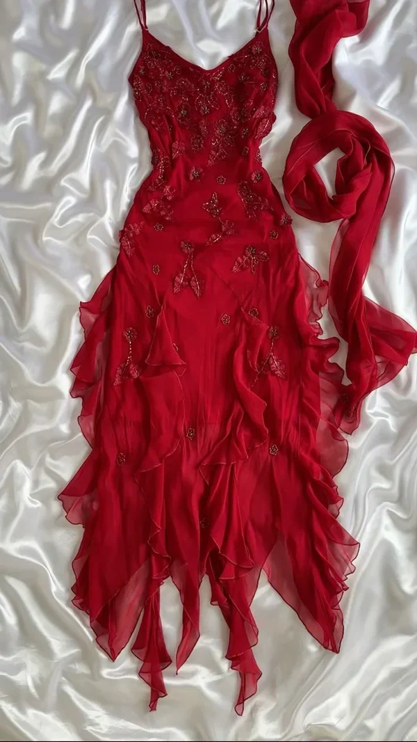Spaghetti Straps Red Ruffle Long Prom Dress Applique Chiffon Birthday Dress J8262