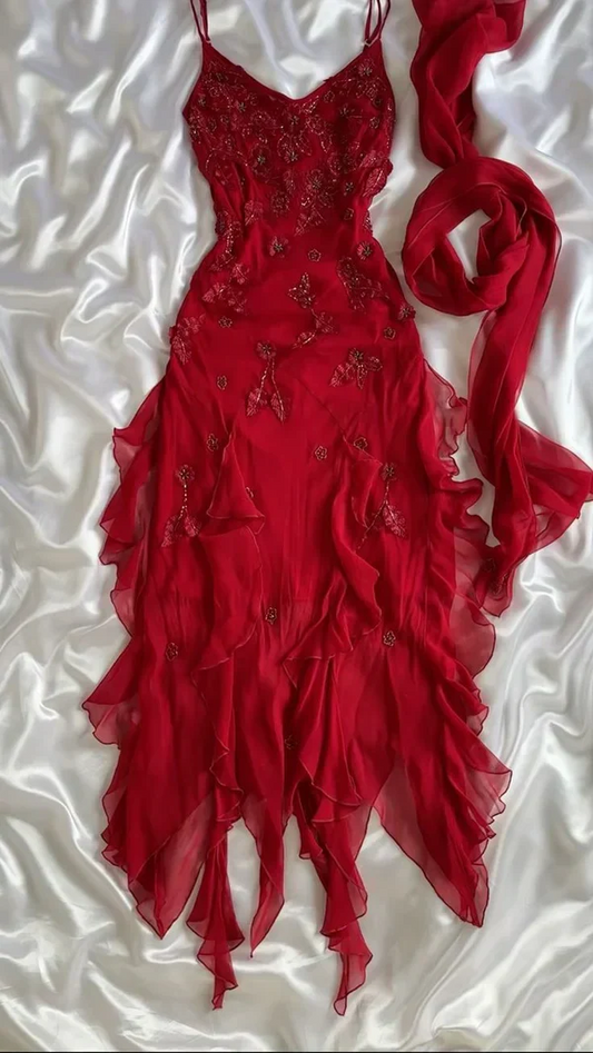 Spaghetti Straps Red Ruffle Long Prom Dress Applique Chiffon Birthday Dress J8262