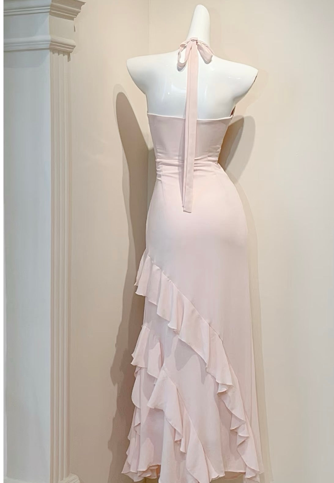 Halter Pink Ruffle Prom Dress Formal Evening Party Dress J7189