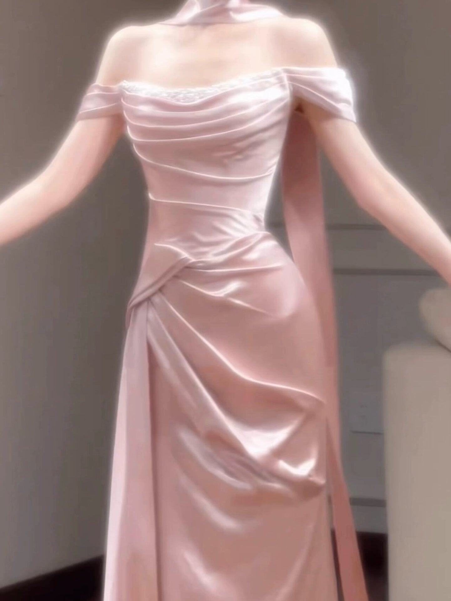 Rosa Satin Langes Abendkleid Schulterfrei Süße Abendkleider J8620