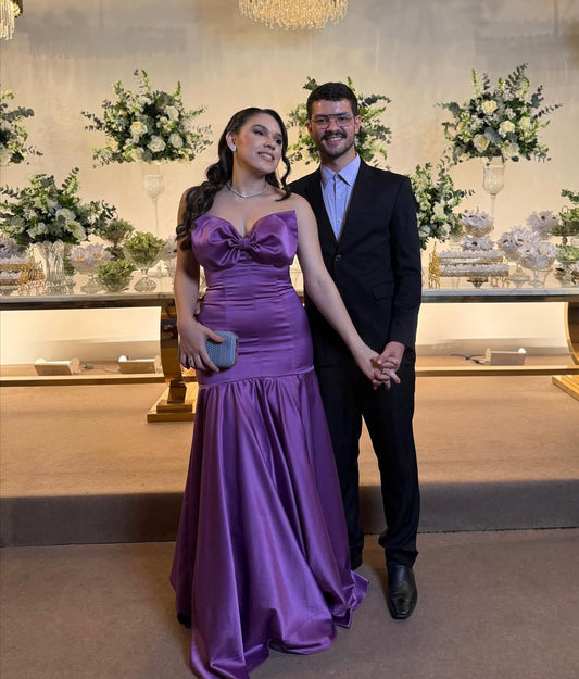 Robe de bal longue en satin violet style sirène, robe d'invitée de mariage J8016