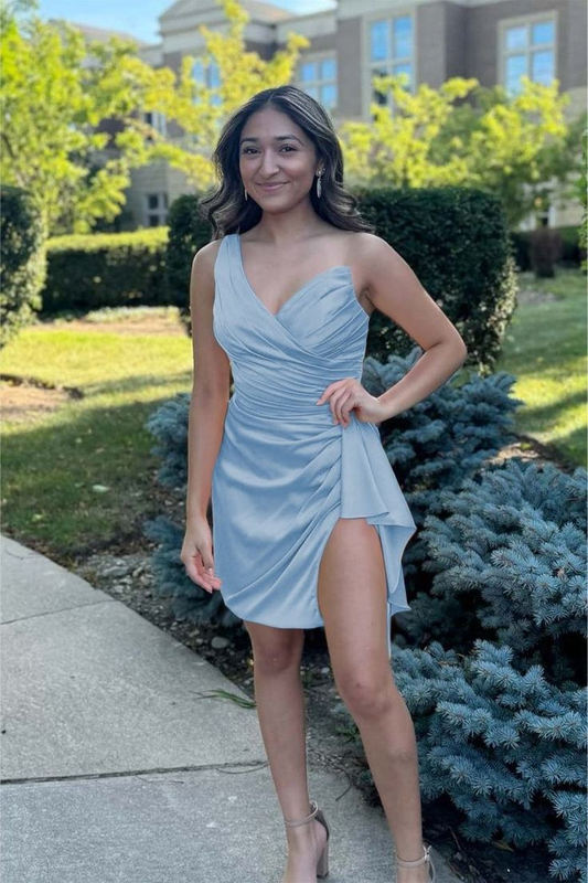 Sky Blue One Shoulder Homecoming Dresses With Slit J7352