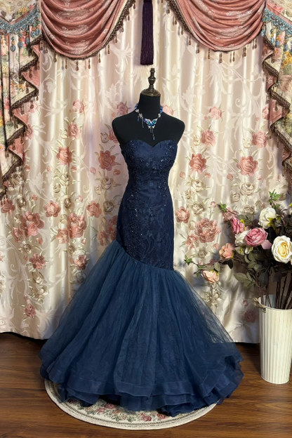 Sweetheart Navy Blue Mermaid Long Prom Dress Vintage Evening Gowns J8641
