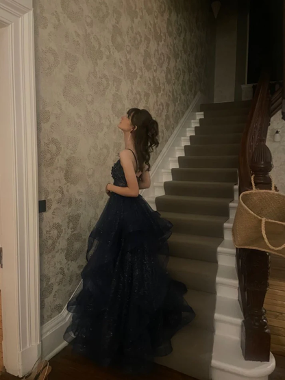 A Line Blue Tulle Party Dress Long Evening Dress Prom Dress J7586