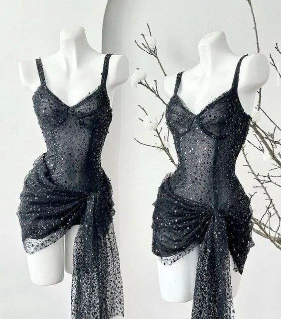 Robe de soirée sexy en tulle noir à bretelles trapèze J7635