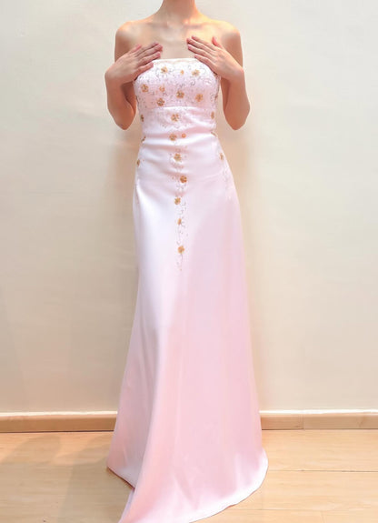 Beaded Strapless Pink Long Prom Dress Vintage Evening Dress J8576