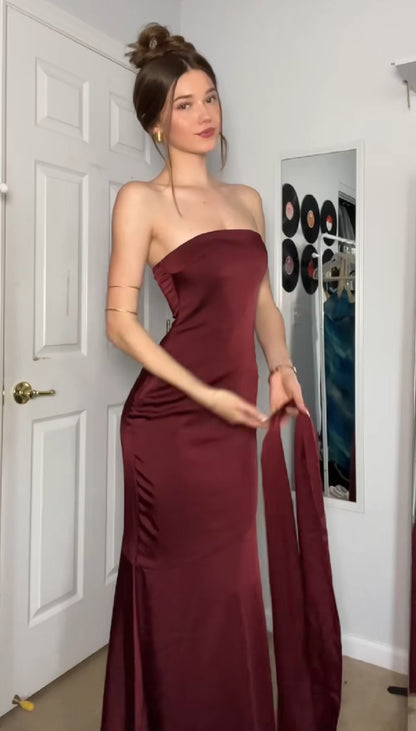 Robe de bal longue sirène bordeaux bustier en satin J7911