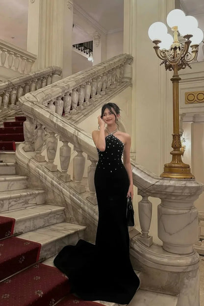 Halter Black Mermaid Beaded Prom Dress Evening Party Dress J7797