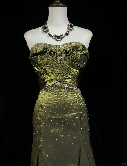 Green Strapless Long Prom Dress Beaded Vintage Evening Dress J8740