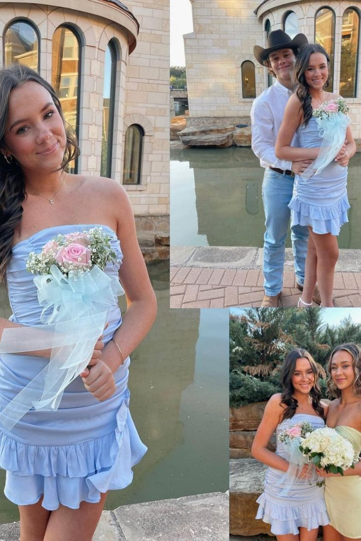 Blaues Etuikleid mit trägerlosem Rüschen-Falten-Kurzes Heimkehrkleid J7361