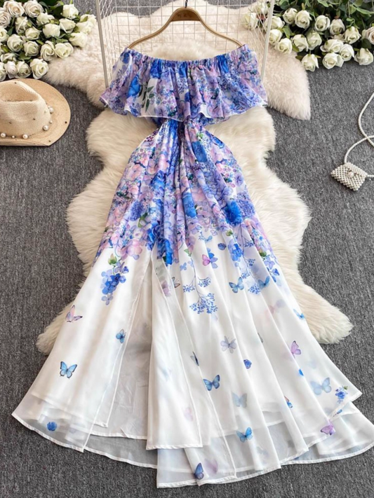 Ruffled Off-shoulder Long Chiffon Fairy Dress L42