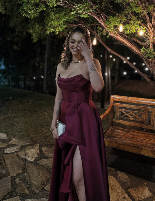 A Line Burgundy Satin Prom Dress Slit Wedding Guest Dress J7785