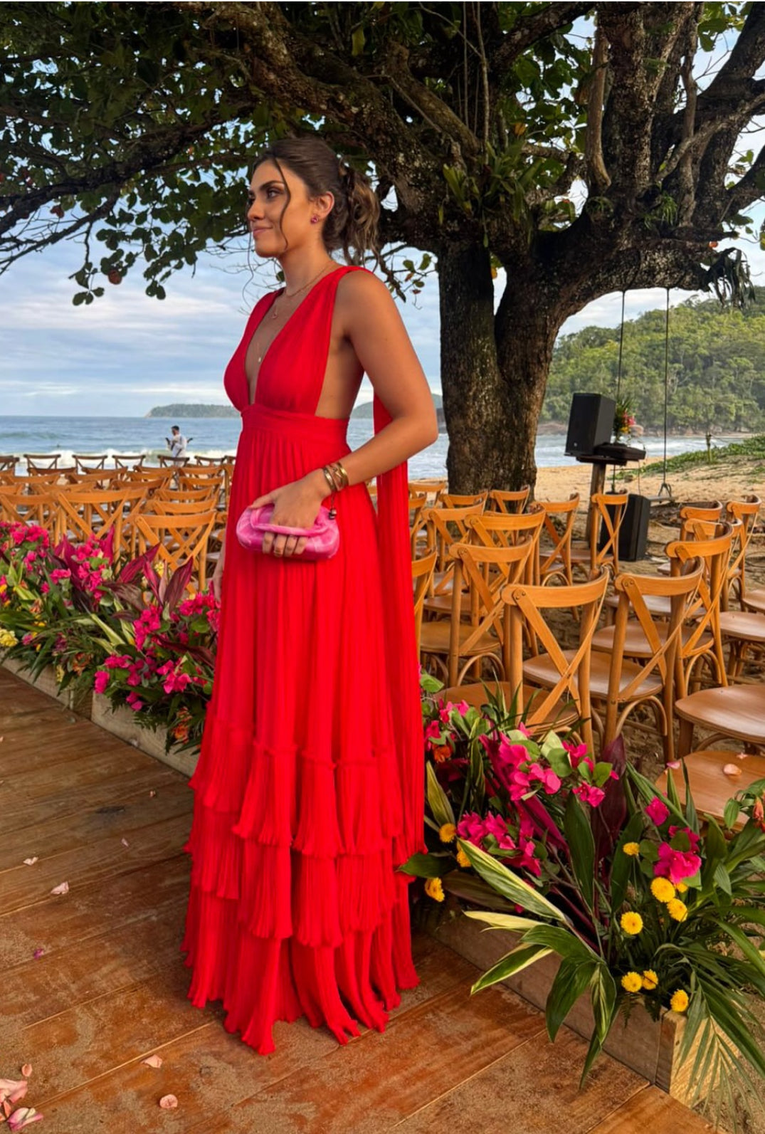 Robe de soirée rouge coupe A pour invité de mariage J7080