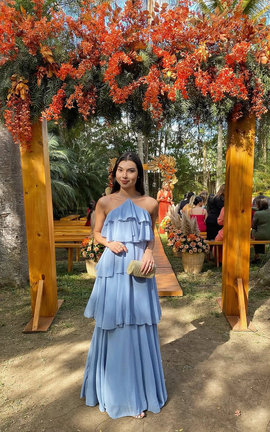 A Line Blue Tiered Long Prom Dress Chiffon Wedding Guest Dress J8058