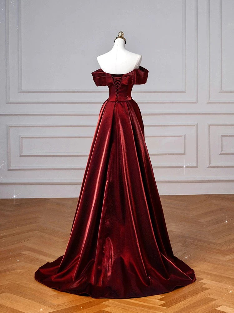 Schulterfreies Burgunderrotes Ballkleid aus Satin, formelles Abendkleid, Partykleid J7096