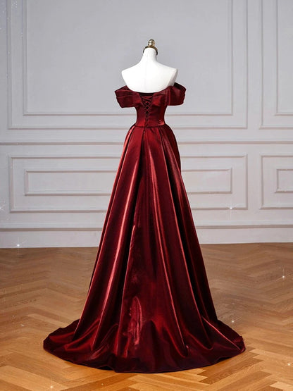 Schulterfreies Burgunderrotes Ballkleid aus Satin, formelles Abendkleid, Partykleid J7096