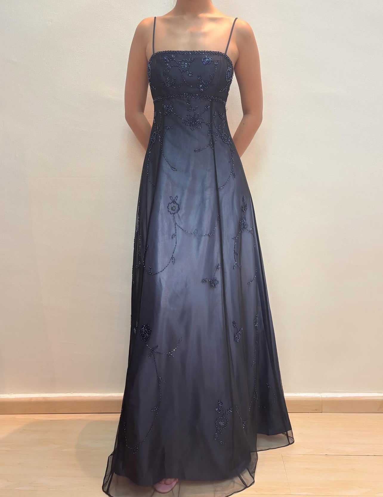 Spaghetti Straps A Line Beaded Blue Vintage Long Prom Dress J8582