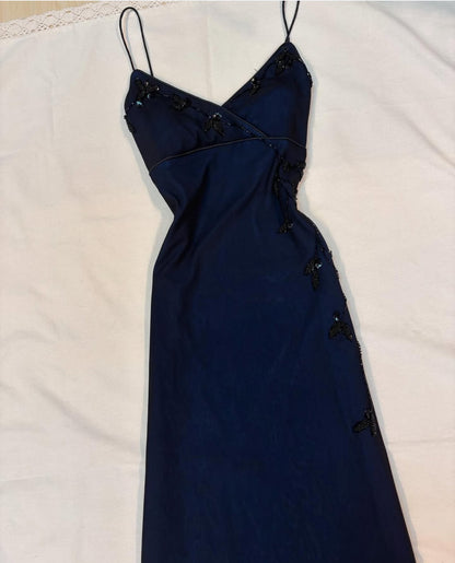 Spaghetti Straps Navy Blue Long Prom Dress Beaded Evening Gown J8550