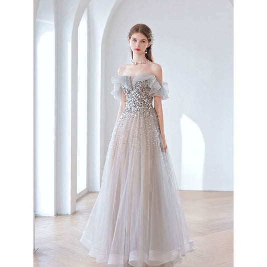 Off  Shoulder Sequins  Long Prom Dress Gray Sparkly Formal Evening Dress  138