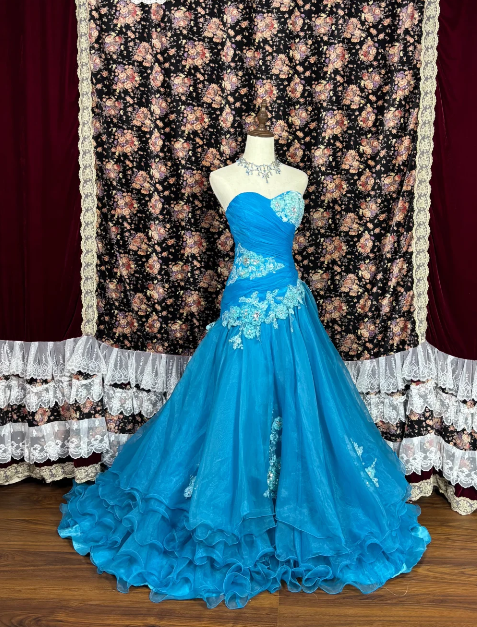 Sweetheart Blue Long Prom Dress With Applique Vintage Formal Evening Dress J8634