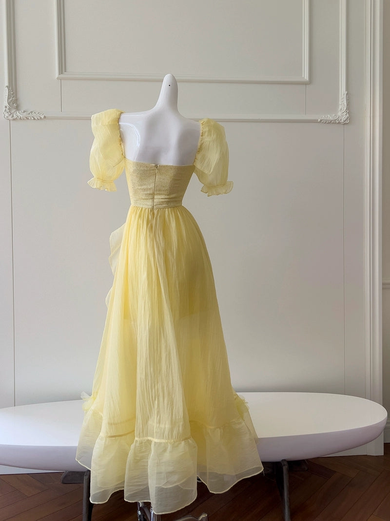 A-Linie Gelb Langes Ballkleid Rüschen Kurze Ärmel Abendkleid J8607