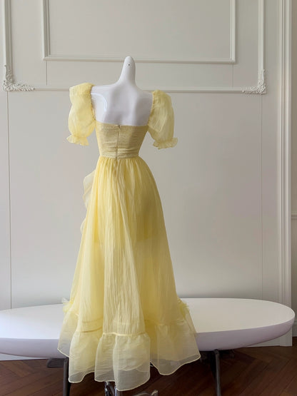 A-Linie Gelb Langes Ballkleid Rüschen Kurze Ärmel Abendkleid J8607