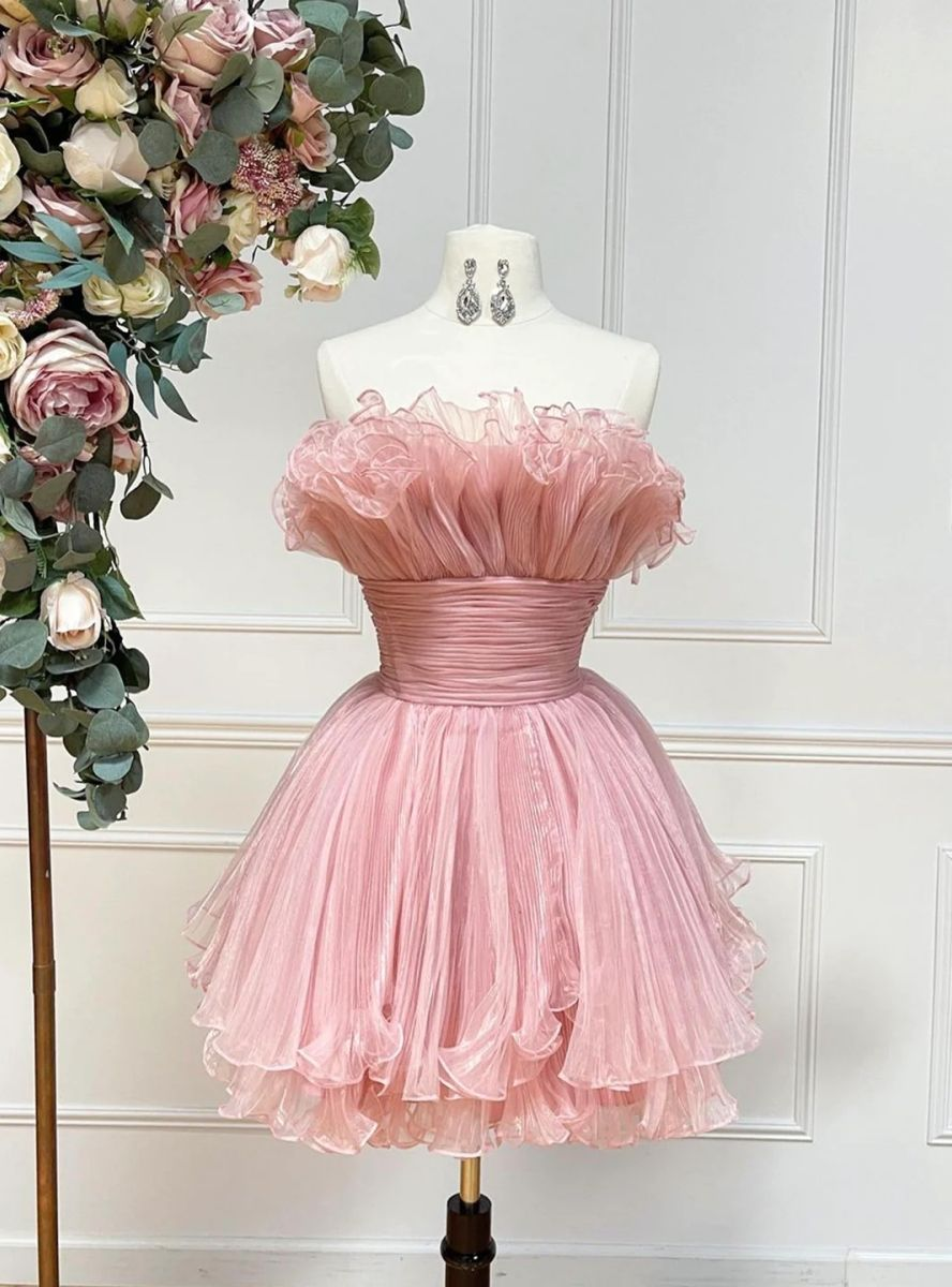 Robe de soirée plissée sans bretelles en tulle rose J7750
