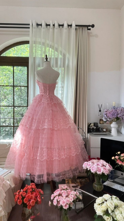 Robe de bal princesse trapèze rose en tulle à col en cœur J8203
