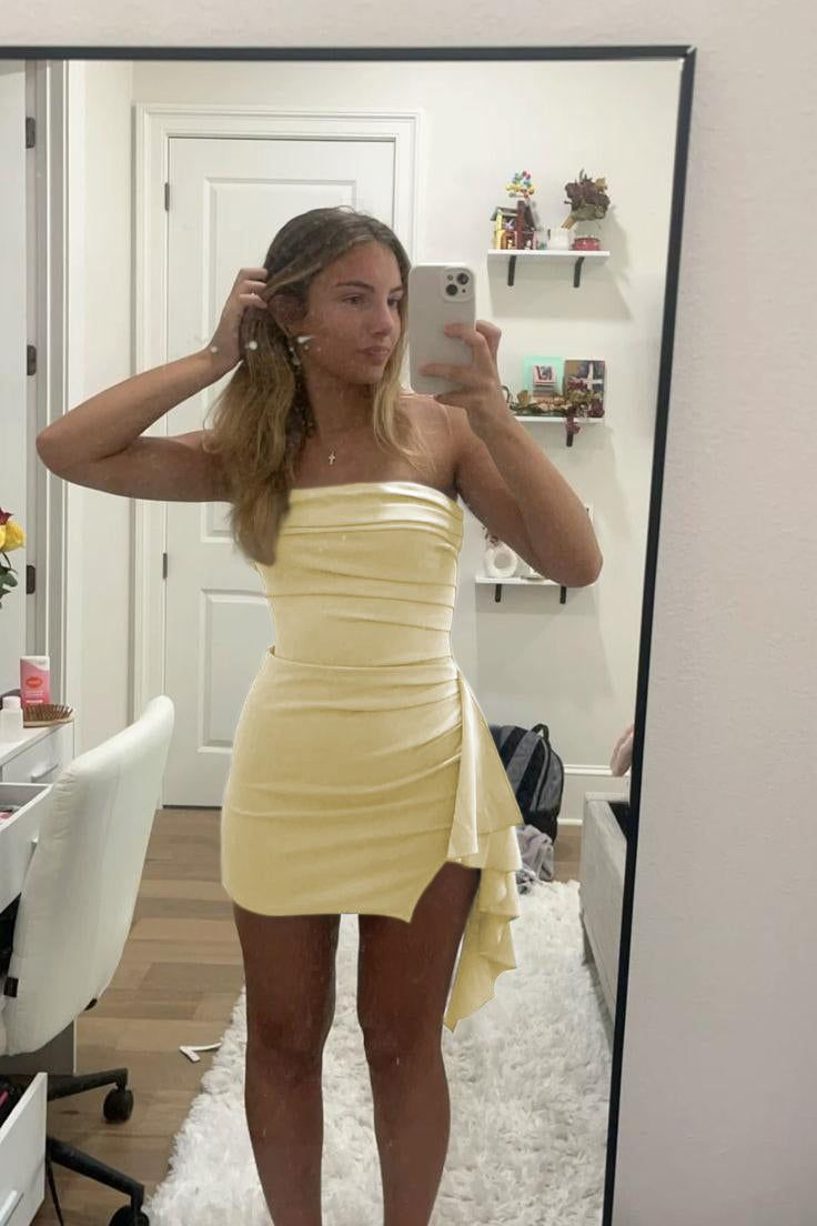 Yellow Strapless Bodycon Homecoming Dress With Slit J7591