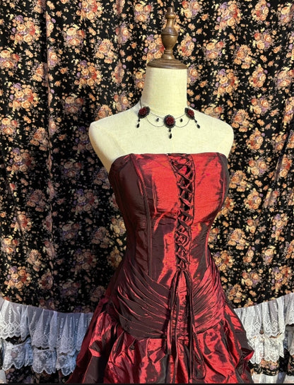 Strapless Burgundy Layered Long Prom Dress Vintage Evening Gowns J8639