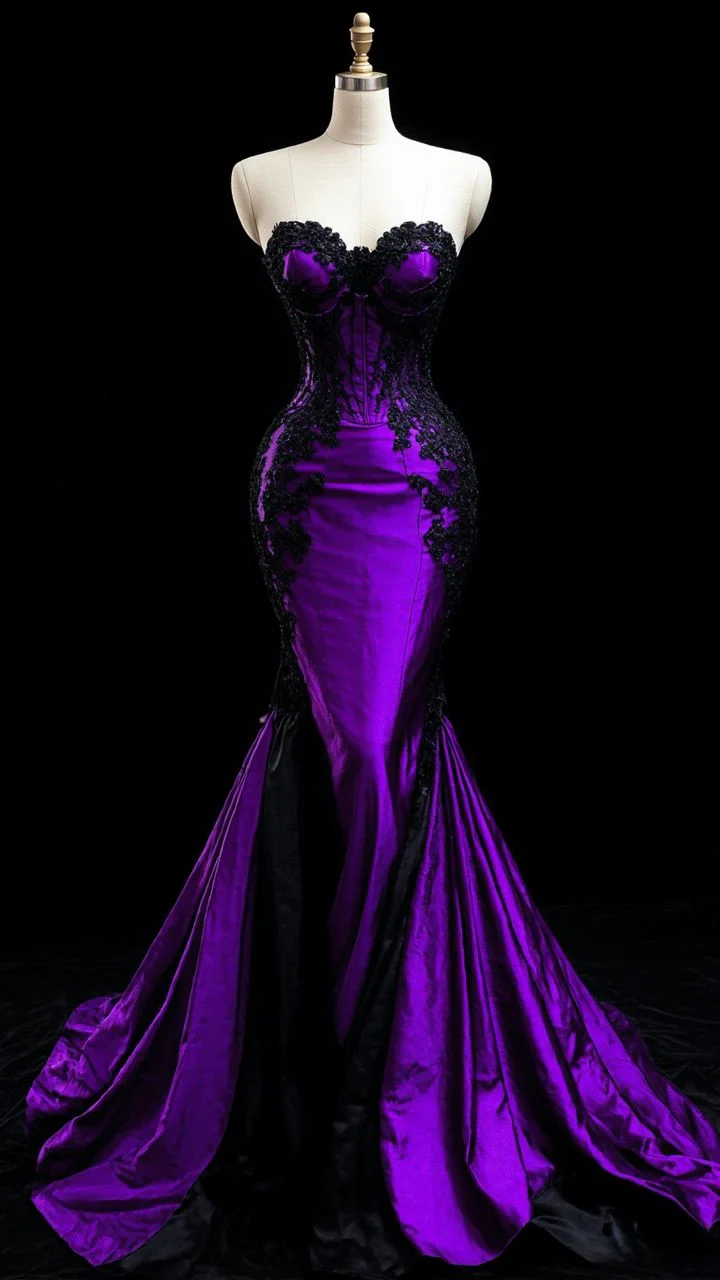 Robe de bal longue violette en satin avec appliques en dentelle J8063