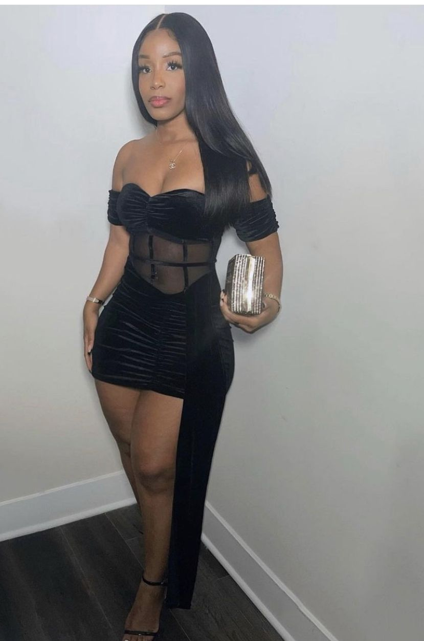 Robe d'anniversaire noire à épaules dénudées, robe de soirée en velours J7699