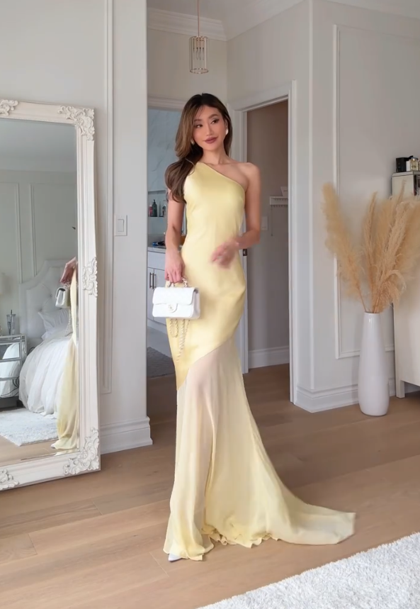 Gelbes Etuikleid mit einer Schulter, langes Ballkleid, elegantes rückenfreies Abendkleid J7140