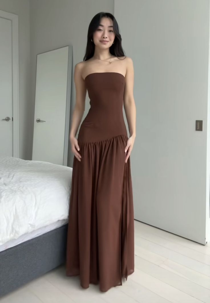 Robe de bal bustier trapèze marron, tenue d'anniversaire J7372
