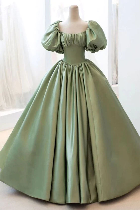 Satin Ball Gown Long Prom Dress Short Sleeves Evening Dress 257