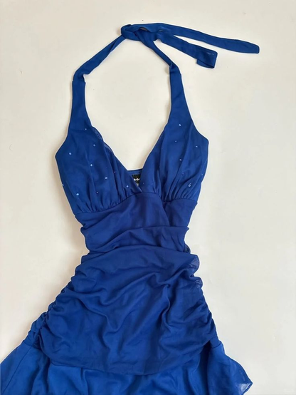 Robe de soirée élégante en mousseline de soie bleu roi à col licou J7743