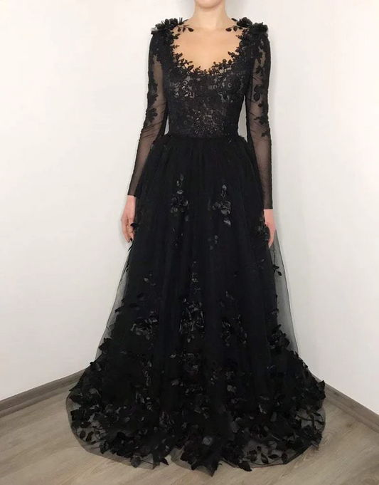 Black Lace Wedding Dress Long Sleeves Bridal Gown J8748