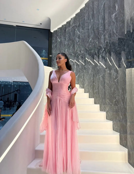 V Neck A Line Long Prom Dress Pink Wedding Guest Dress J8030