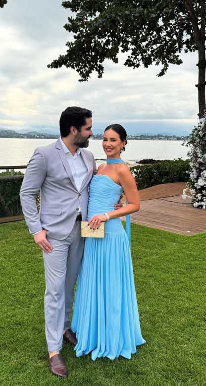 Robe de bal bleue bustier coupe trapèze, robe de soirée formelle pour invité de mariage J7038
