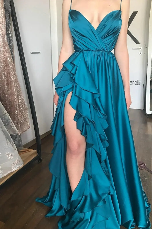 V-Neck Spaghetti Straps A-Line Ruffled Party Prom Dress J8349