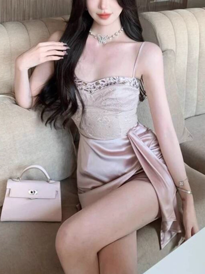 Spaghetti Strap Beaded Lace Short Homecoming Dress  J8053