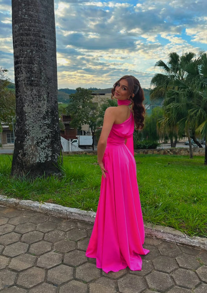 Robe de soirée rose vif asymétrique pour invité de mariage J7203