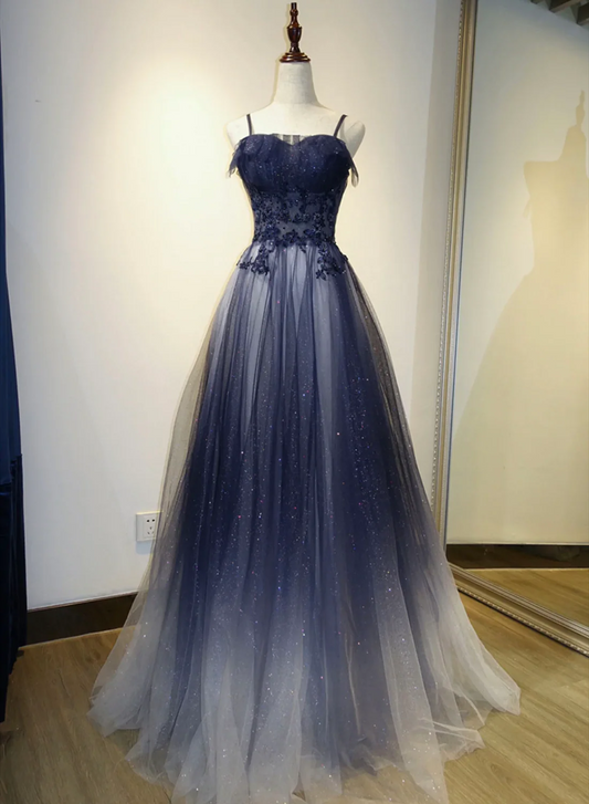Marineblaues, langes A-Linien-Tüll-Ballkleid mit Farbverlauf J8382