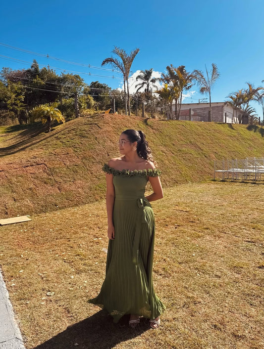 Robe de bal longue plissée en mousseline de soie, coupe trapèze, verte, pour invitée de mariage, J7928